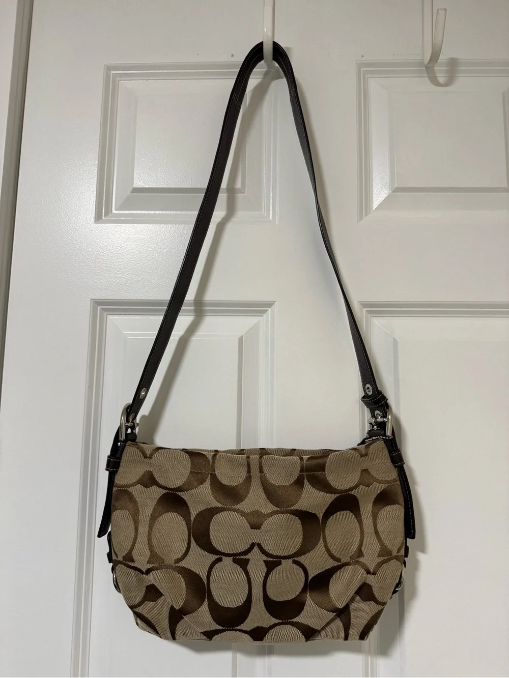 Coach Brown Signature Canvas Shoulder Bag with Dark Brown Strap